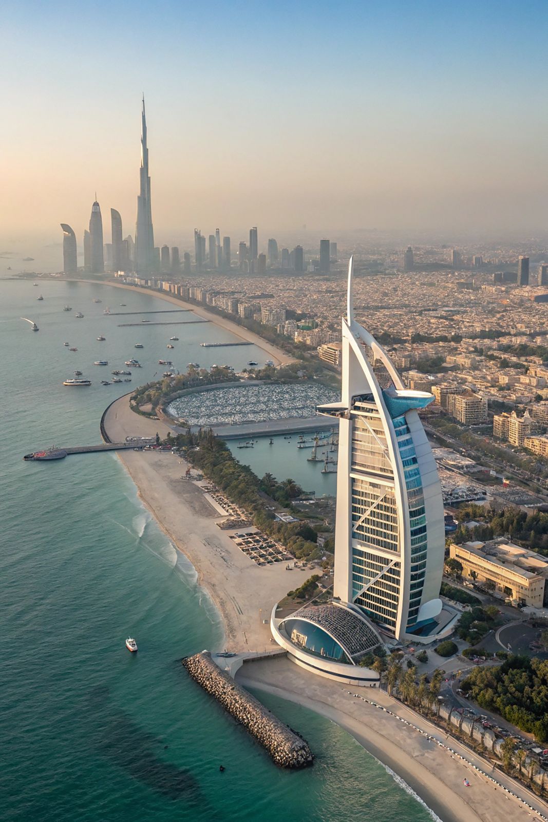 Dubai Marina mit Burj Al Arab aus der Vogelperspektive